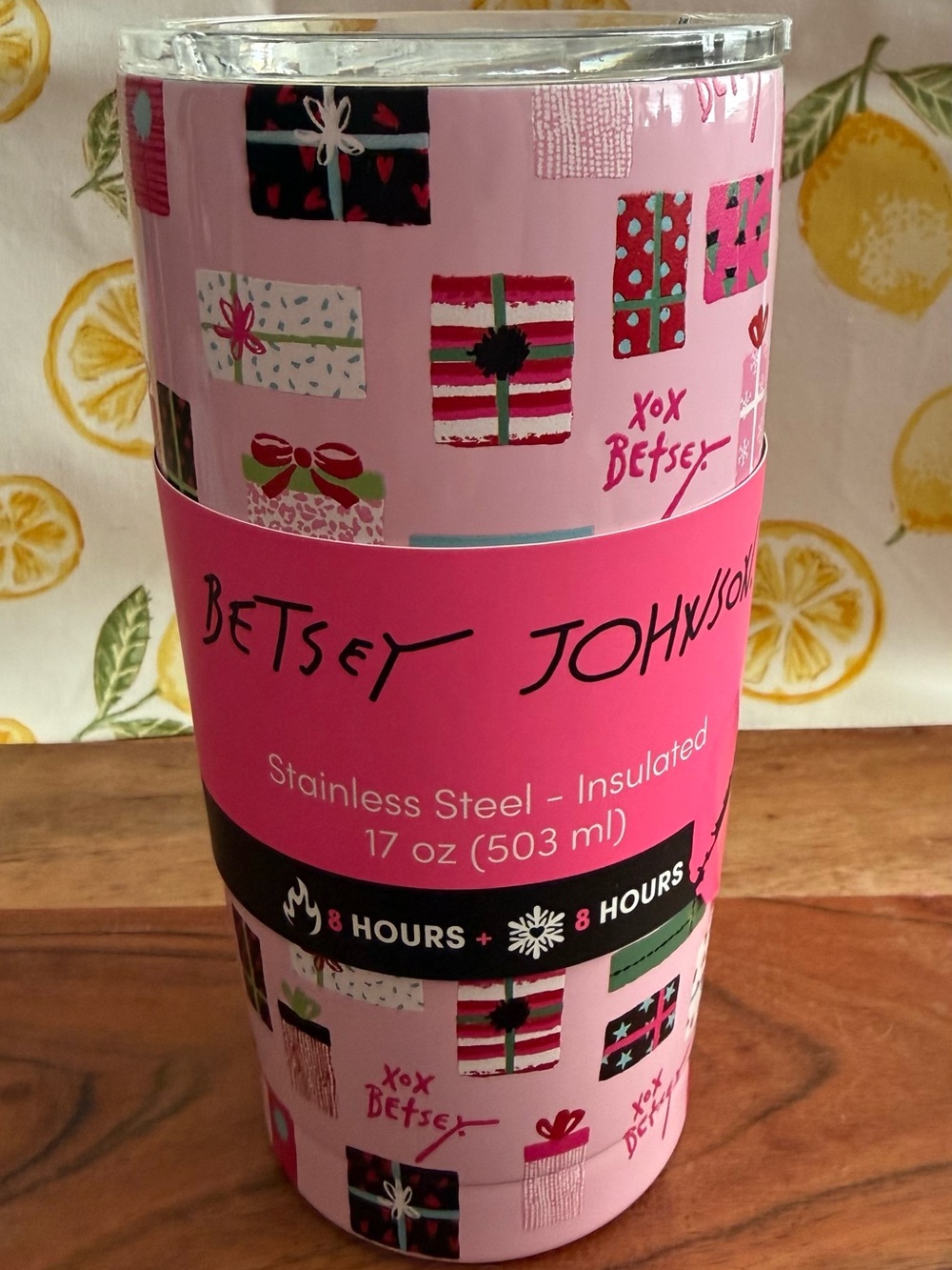 Betsey Johnson Pink Gift-Print Insulated Stainless Steel Tumbler
